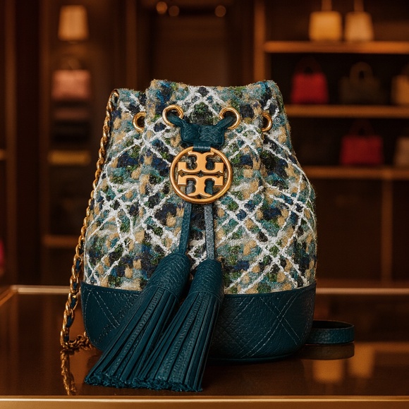 NEW Tory Burch Soft Fleming Multi Color Green Tweed Mini Bucket/Crossbody Bag
